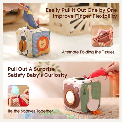 Montessori Baby Busy Box with Sensory Scarves & Cloth Toys