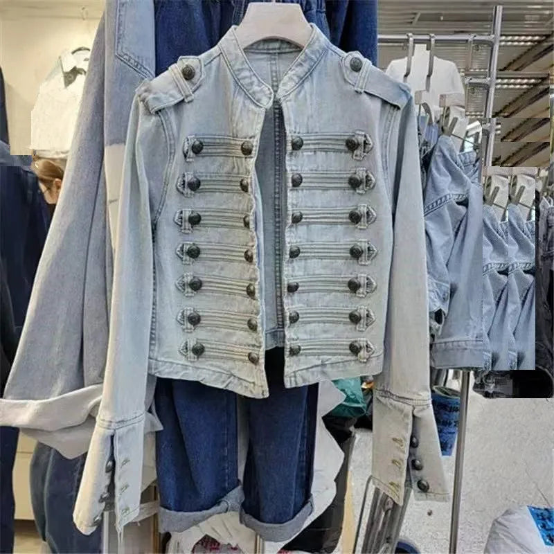 Military Double-Breasted Denim Jacket Women