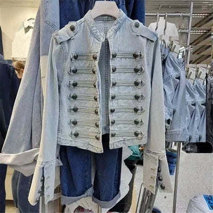 Military Double-Breasted Denim Jacket Women