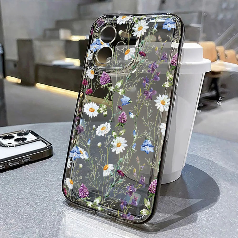 Flower Pattern Transparent Case Iphone 17 Air 15 16 Pro Max 11 14 12 13 Soft Silicone Floral Cover