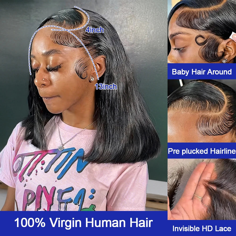 Brazilian Hd Transparent 13x4 Bone Straight Short Bob Human Hair Wigs 13x6 Lace Front Women 250
