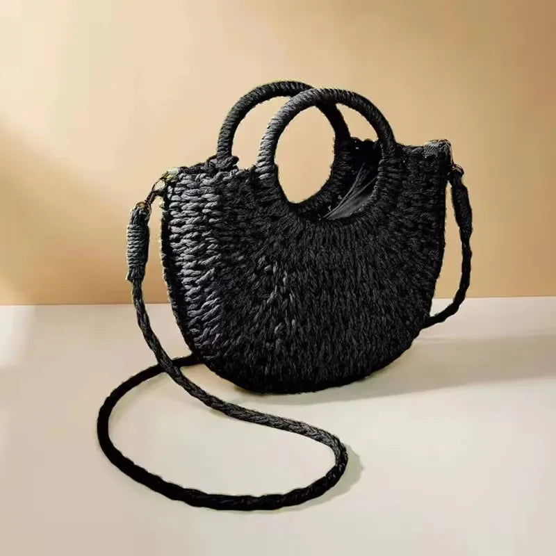 Handmade Half-Round Rattan Woven Straw Crossbody Bag for Women