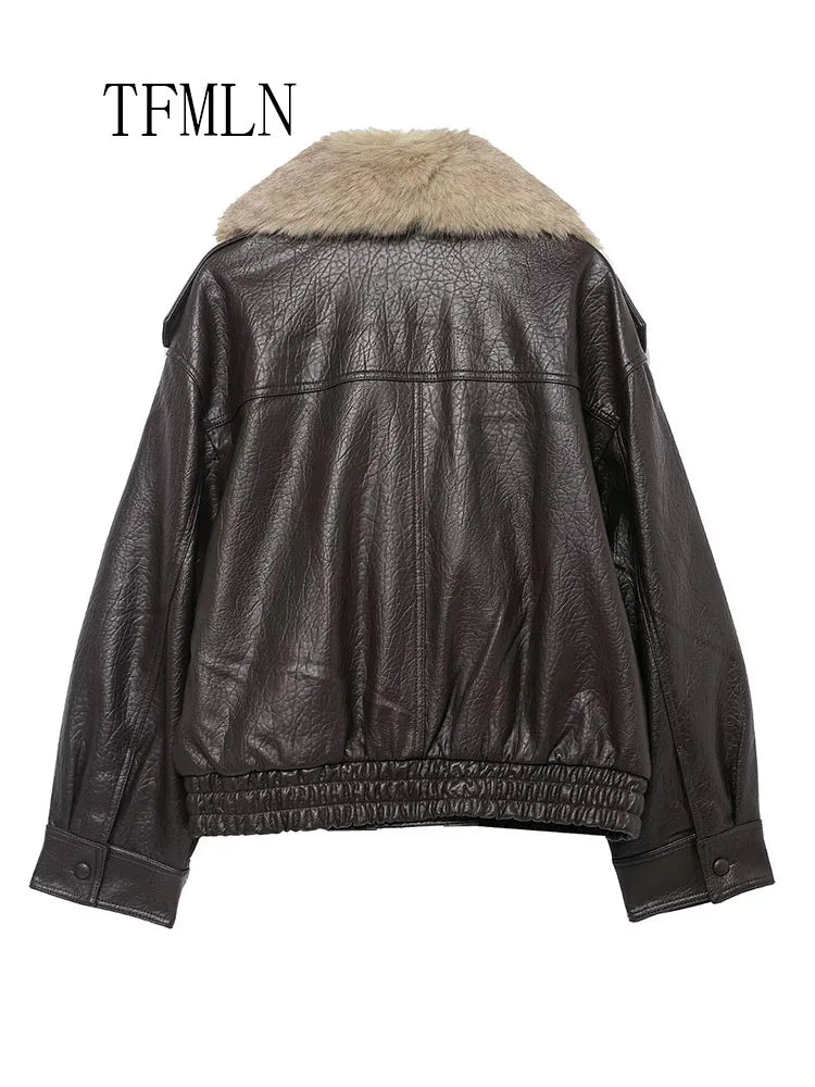 Faux Leather Jacket Women – Oversized Winter Coat with Detachable Fur Collar