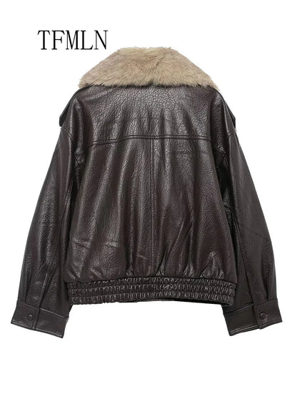 Faux Leather Jacket Women – Oversized Winter Coat with Detachable Fur Collar