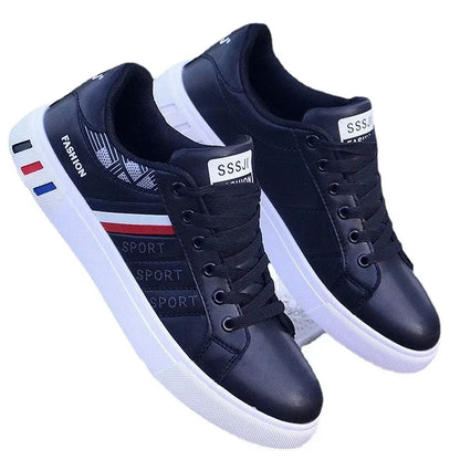 Men's White Casual Sneakers – Lightweight PU Leather Lace-Up Shoes