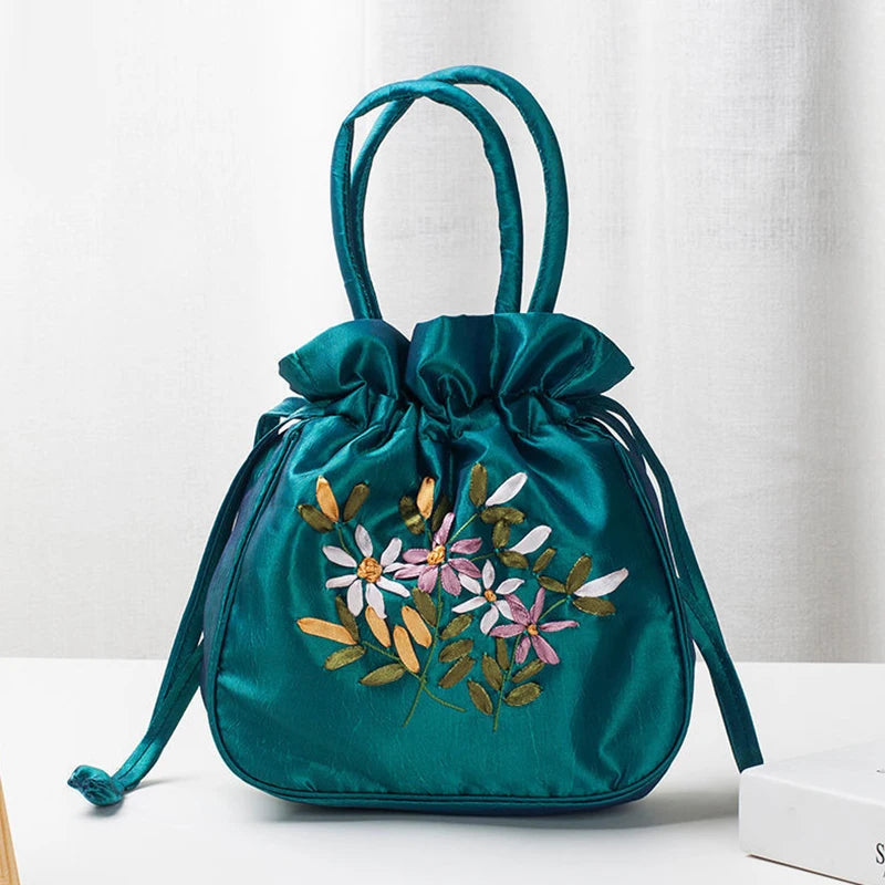 Women's Embroidered Bucket Bag – Floral Top Handle Purse