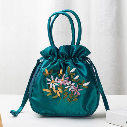 Women's Embroidered Bucket Bag – Floral Top Handle Purse
