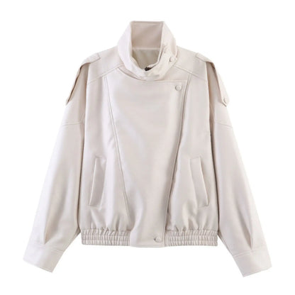 Women's Oversized Faux Leather Jacket – Asymmetric Button Loose Coat
