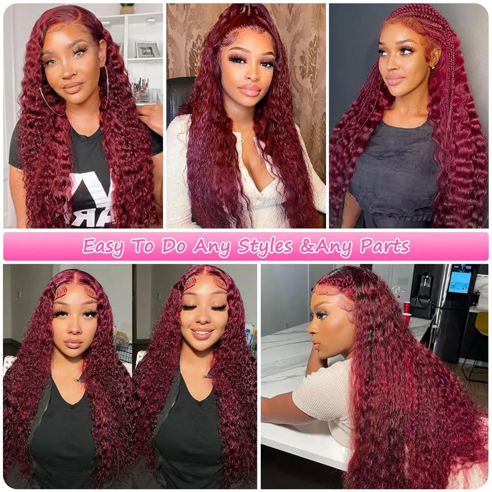 13x4 HD Lace Front Wig Burgundy 99J Deep Wave Curly Human Hair