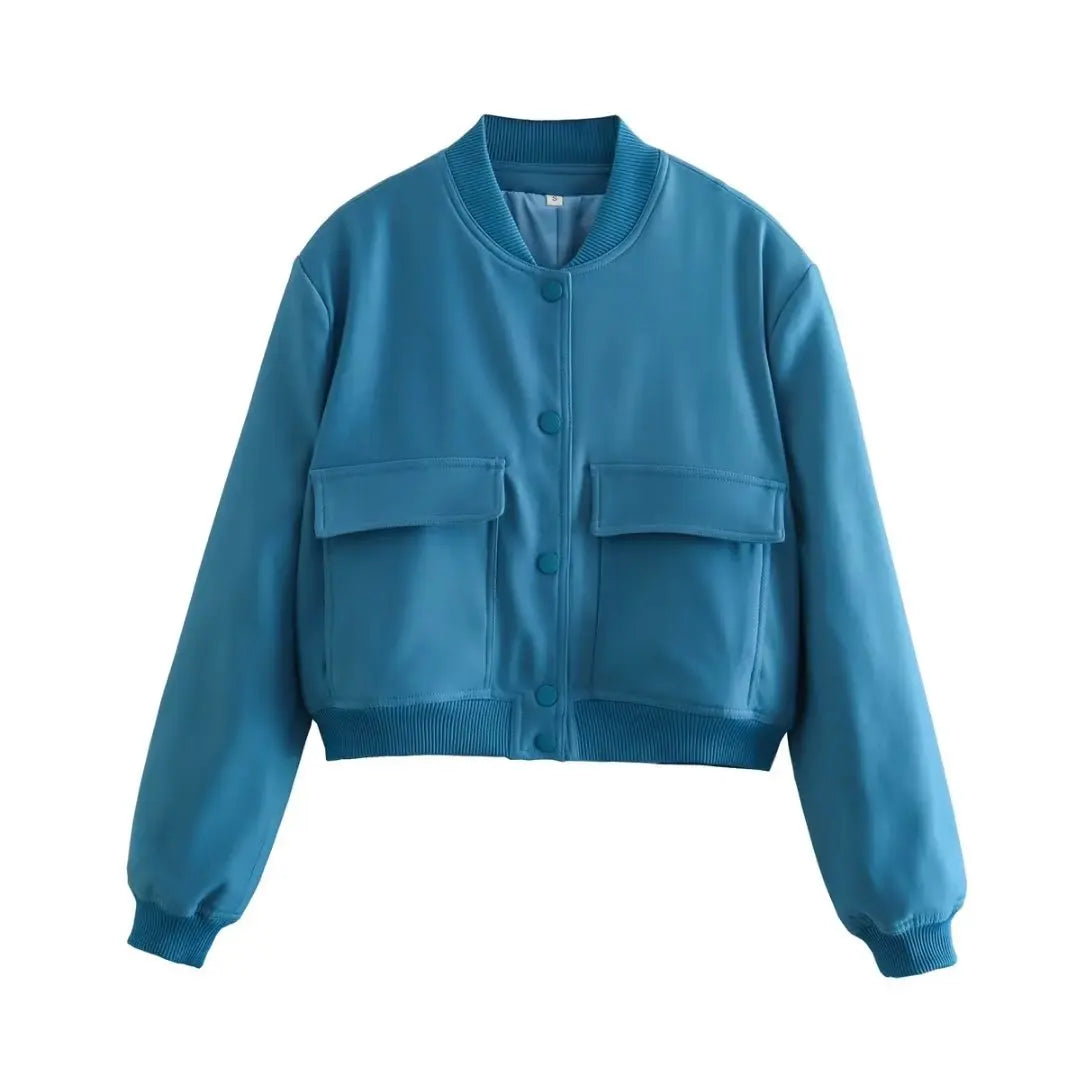 Women's Cropped Bomber Jacket with Pockets – Single Breasted
