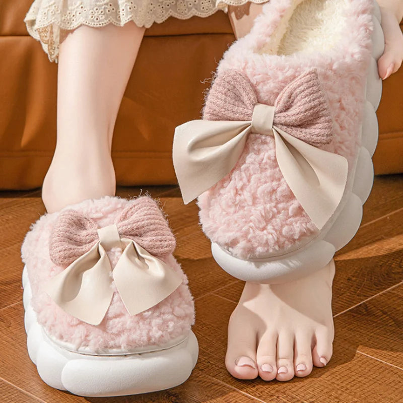 Winter Warm Fur Slippers Women Cute Bow House Non Slip Soft Shoes Comfort Flat Heel Home Indoor