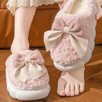 Winter Warm Fur Slippers Women Cute Bow House Non Slip Soft Shoes Comfort Flat Heel Home Indoor
