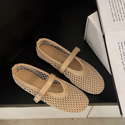 Women's Mesh Mary Jane Flats – Breathable Buckle Strap Shoes