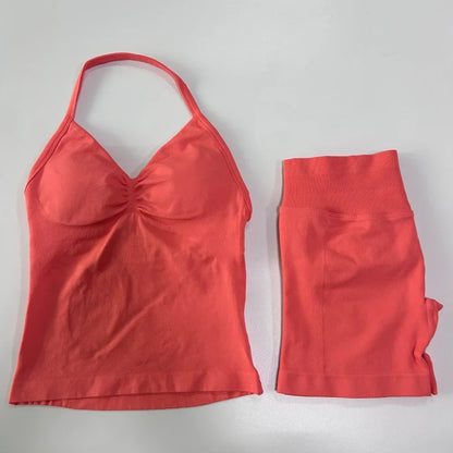 Women's 2-Piece Seamless Workout Set – Backless Tank Top & Scrunch Shorts