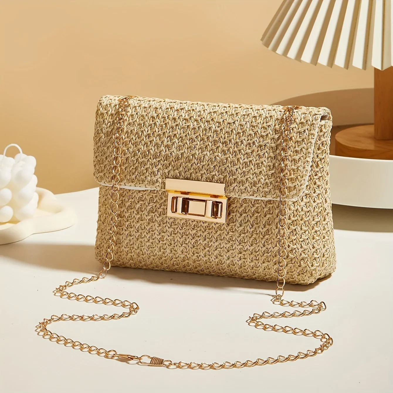 Woven Straw Crossbody Bag with Gold Chain & Lock Closure