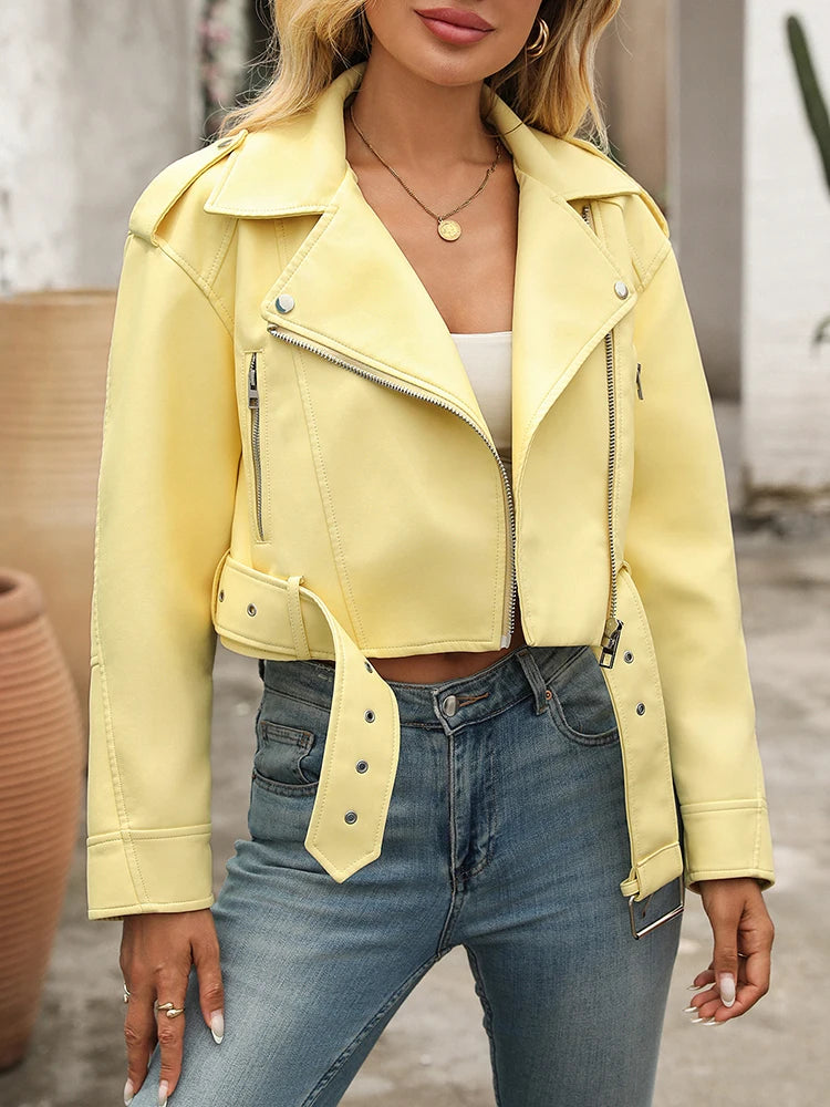 Women's Faux Leather Moto Jacket with Belt – Short Biker Style
