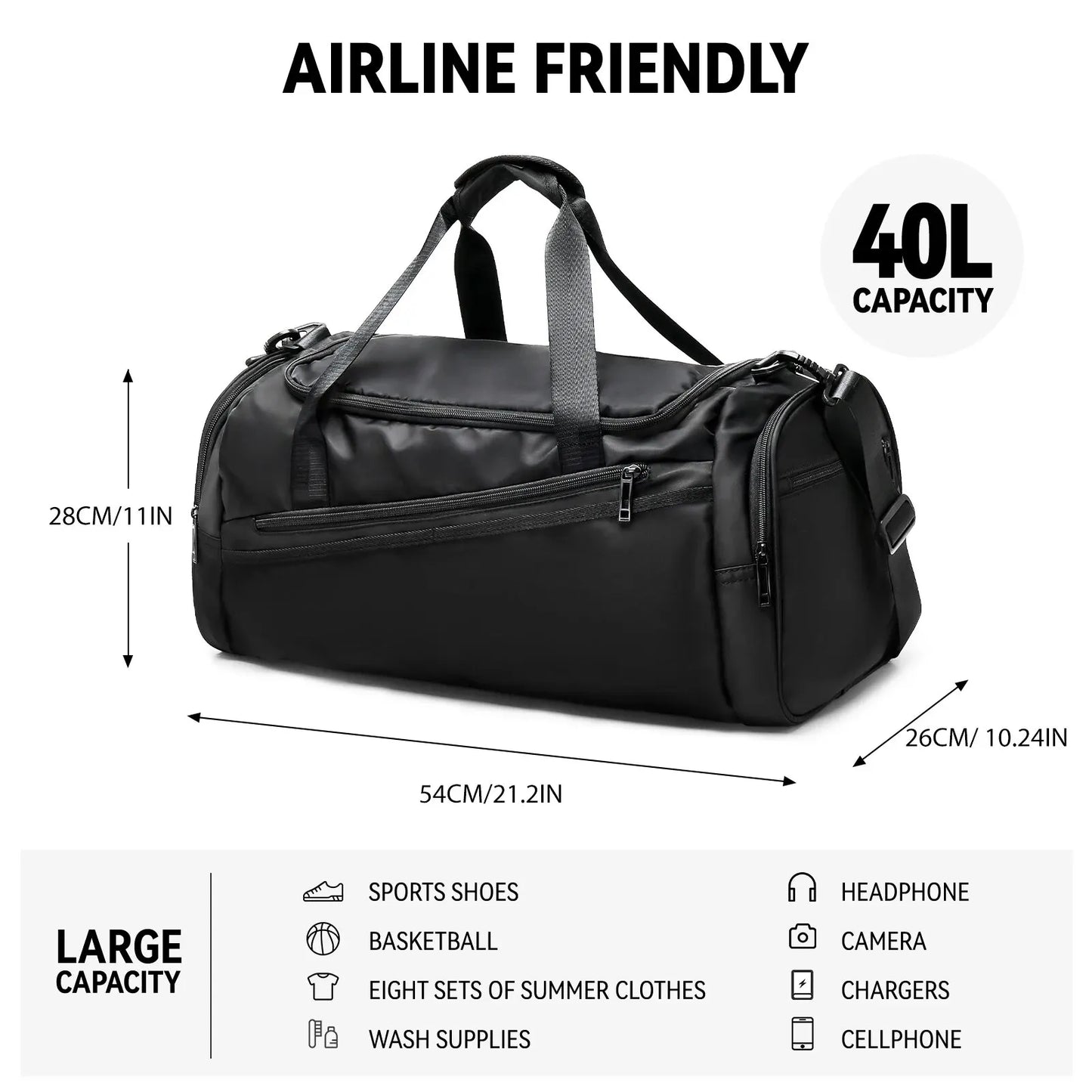 40L Gym Duffel Bag with Shoe Compartment – Foldable Travel Bag for Men & Women