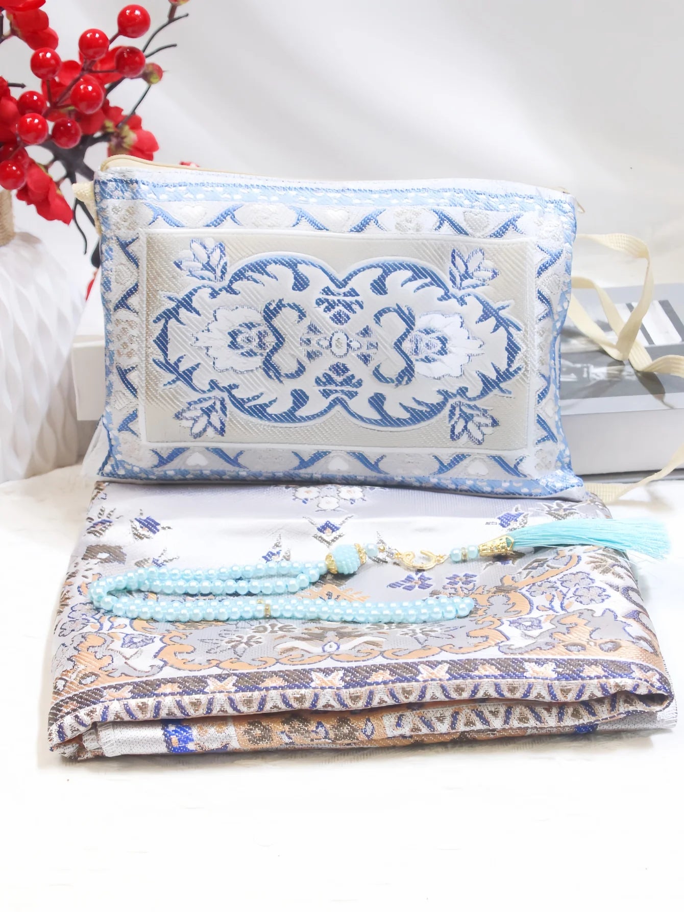 Muslim Prayer Rug Gift Set with Beads & Portable Bag