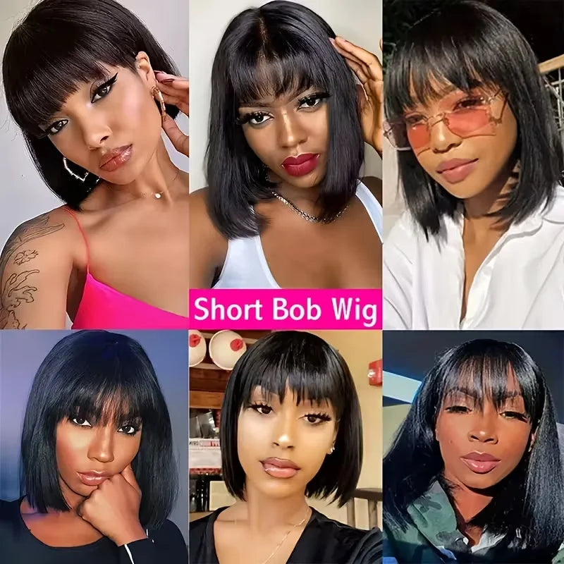16 Inch Straight Bob Bangs Wig 3x1 Lace Human Hair Wigs 200 Density Short Natural Black Ready Wear