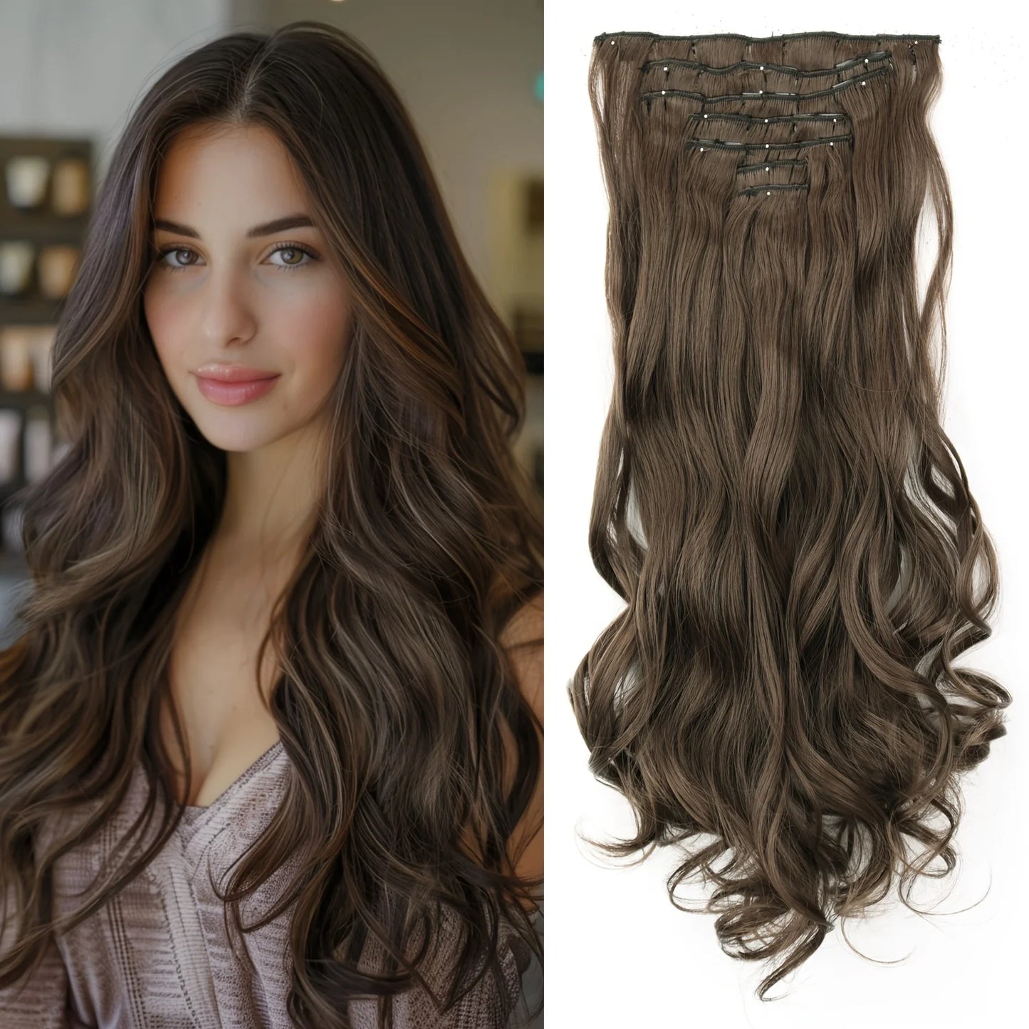 Clip-In Hair Extensions 7pcs 16 Clips Wavy Synthetic 24 Inch