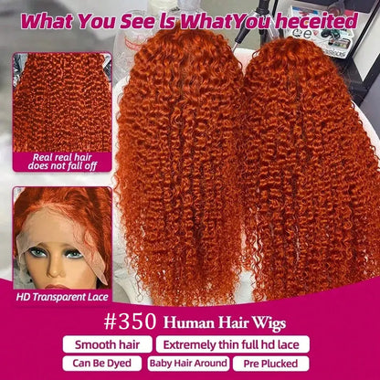 Orange Ginger Curly 13x6 Lace Front Wigs Human Hair Women Deep Wave 13x4 Frontal Wig 350 Colored Pre