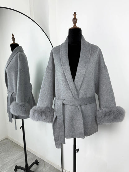 Women's Fox Fur Woolen Short Coat – Double-Sided Wool