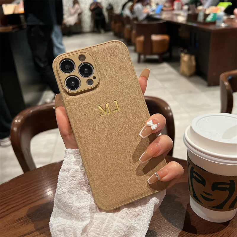 Personalised Customized Name Case Iphone 17 16 15 14 13 12 11 Pro Max Initials Letters Leather Cover