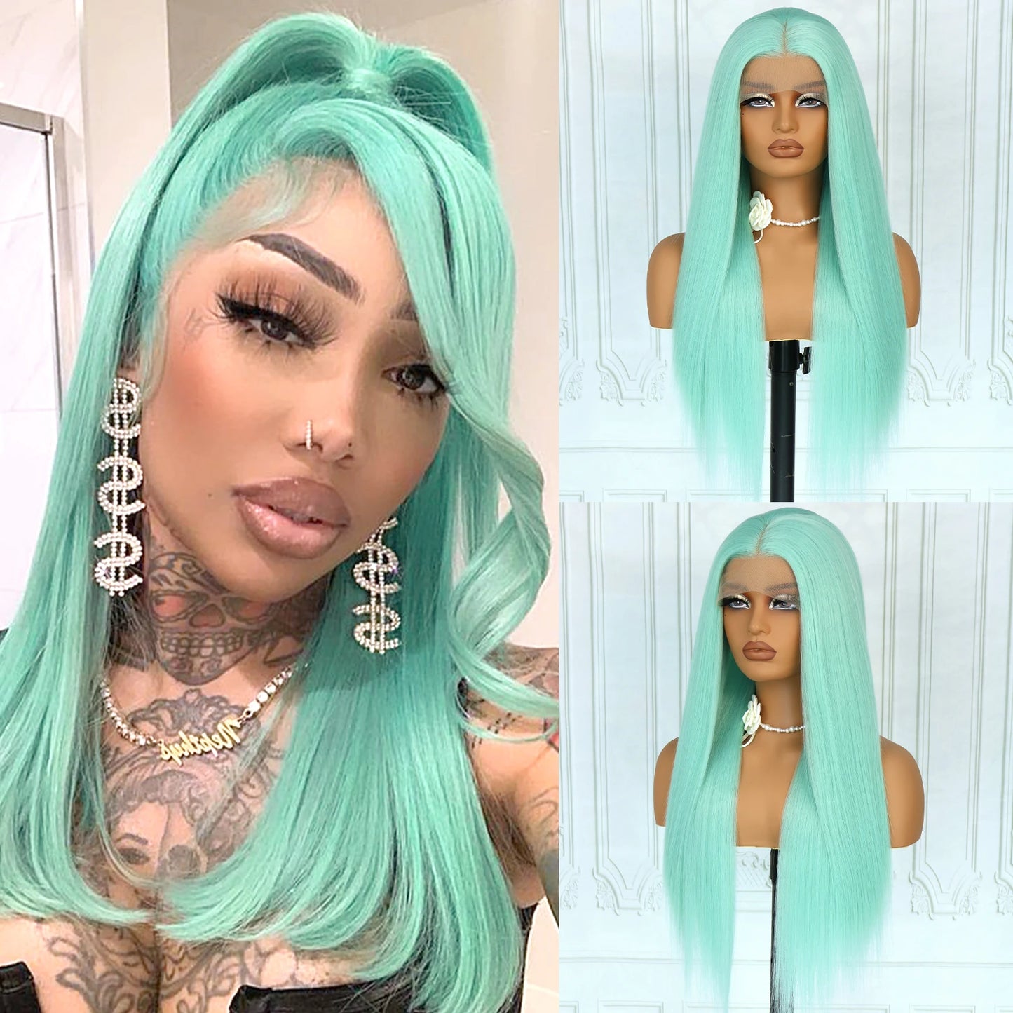 Blue Lace Front Synthetic Wig – Long Straight, 28 Inch, 180% Density