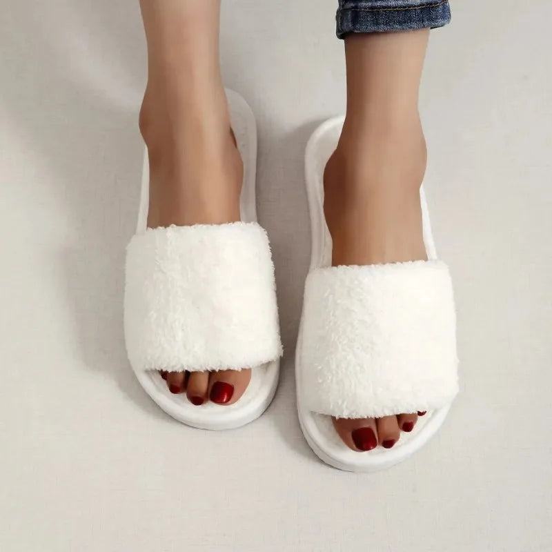 Four Seasons Women S Home Slippers Slides Sandals Shoes White Fur Warm Plush Comfortable Lightweight