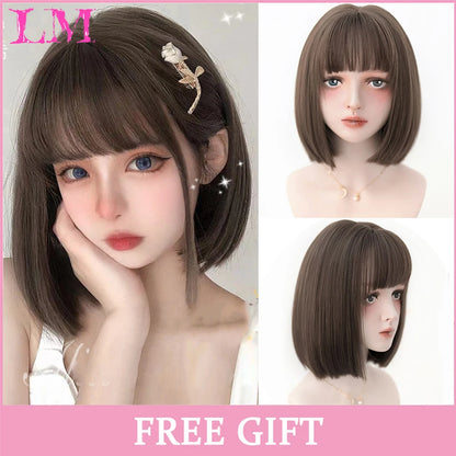 Lm Cosplay Wig Bangs Synthetic Straight Hair 24 Inch Long Heat-Resistant Pink Women
