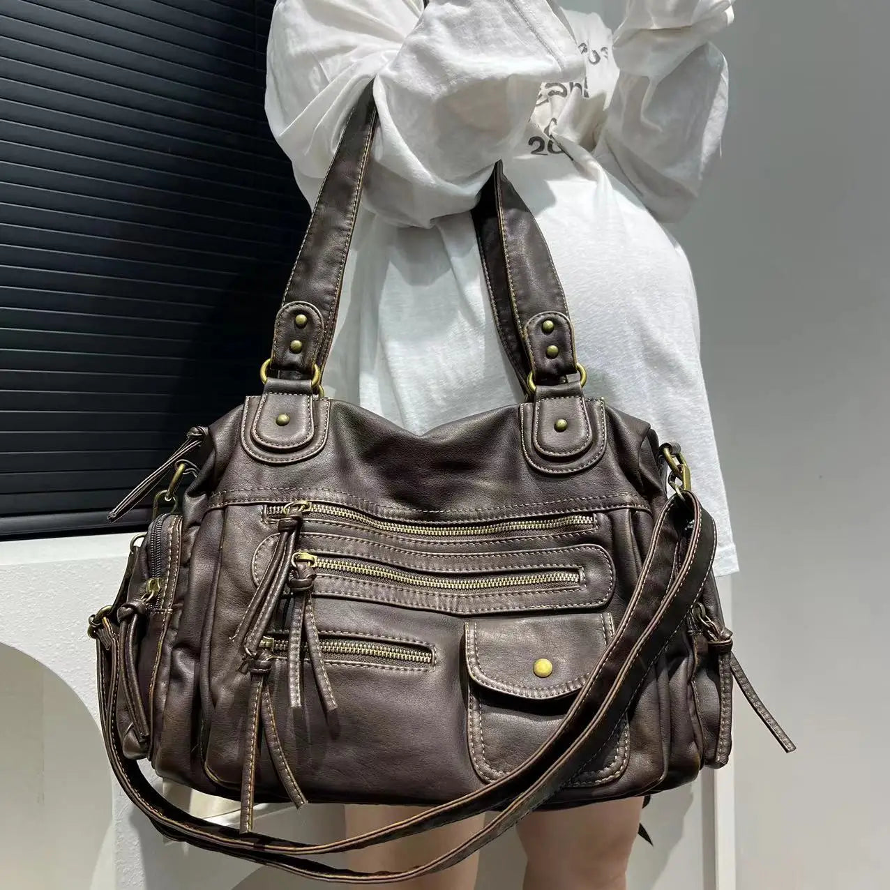 Vintage Washed Leather Shoulder Bag – Y2K Motorcycle Crossbody