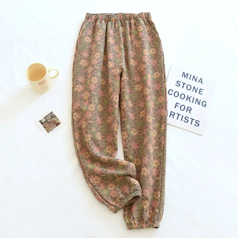Women's Cotton Crepe Pajama Pants – Loose Floral Print Lounge Bottoms