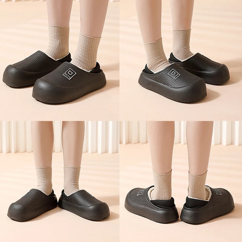Waterproof Cotton Slippers Women Men Winter Outdoor Indoor Non Slip Home Plush Shoes Thick Bottom