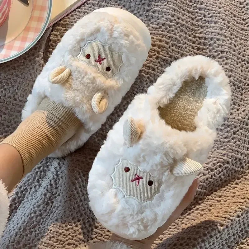 Winter Cartoon Plush Slippers Warm Fluffy Faux Fur Sheep Design Indoor Home Couple Cotton Men Women