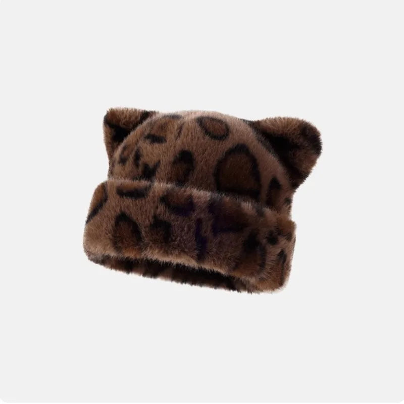 Plush Teddy Bear Beanie with Cat Ears – Cute Fluffy Winter Hat for Women