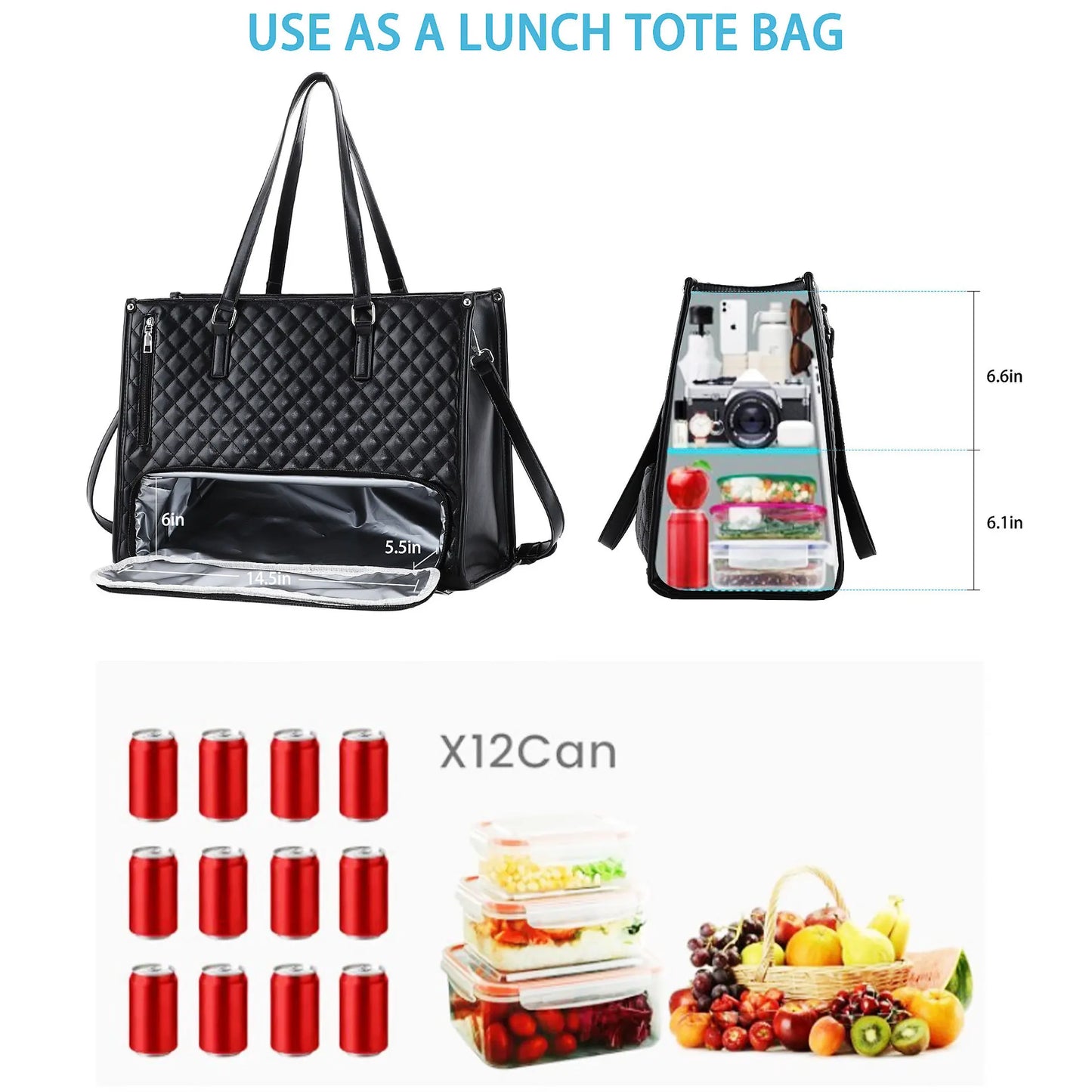 Insulated Lunch Tote Bag for Women – Quilted PU Leather