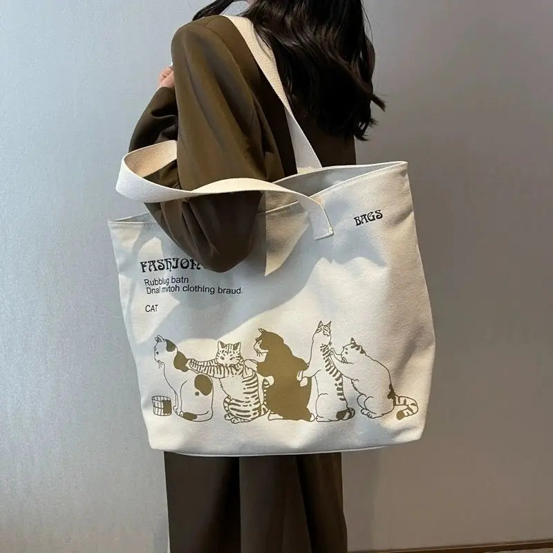 Canvas Tote Bag for Women – Cute Cat Print Shoulder Bag with Zipper