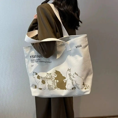 Canvas Tote Bag for Women – Cute Cat Print Shoulder Bag with Zipper