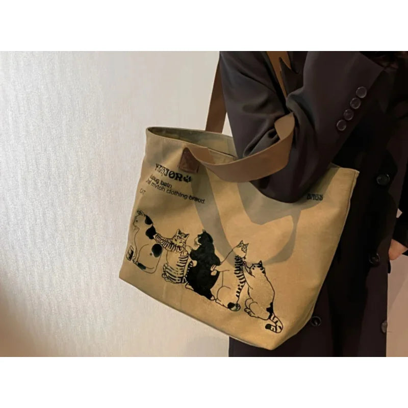 Canvas Tote Bag for Women – Large Cute Cat Print with Zipper