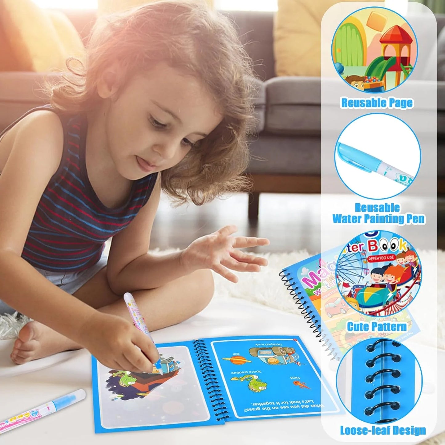 Magic Water Drawing Book for Kids with Pen – Reusable Coloring Activity