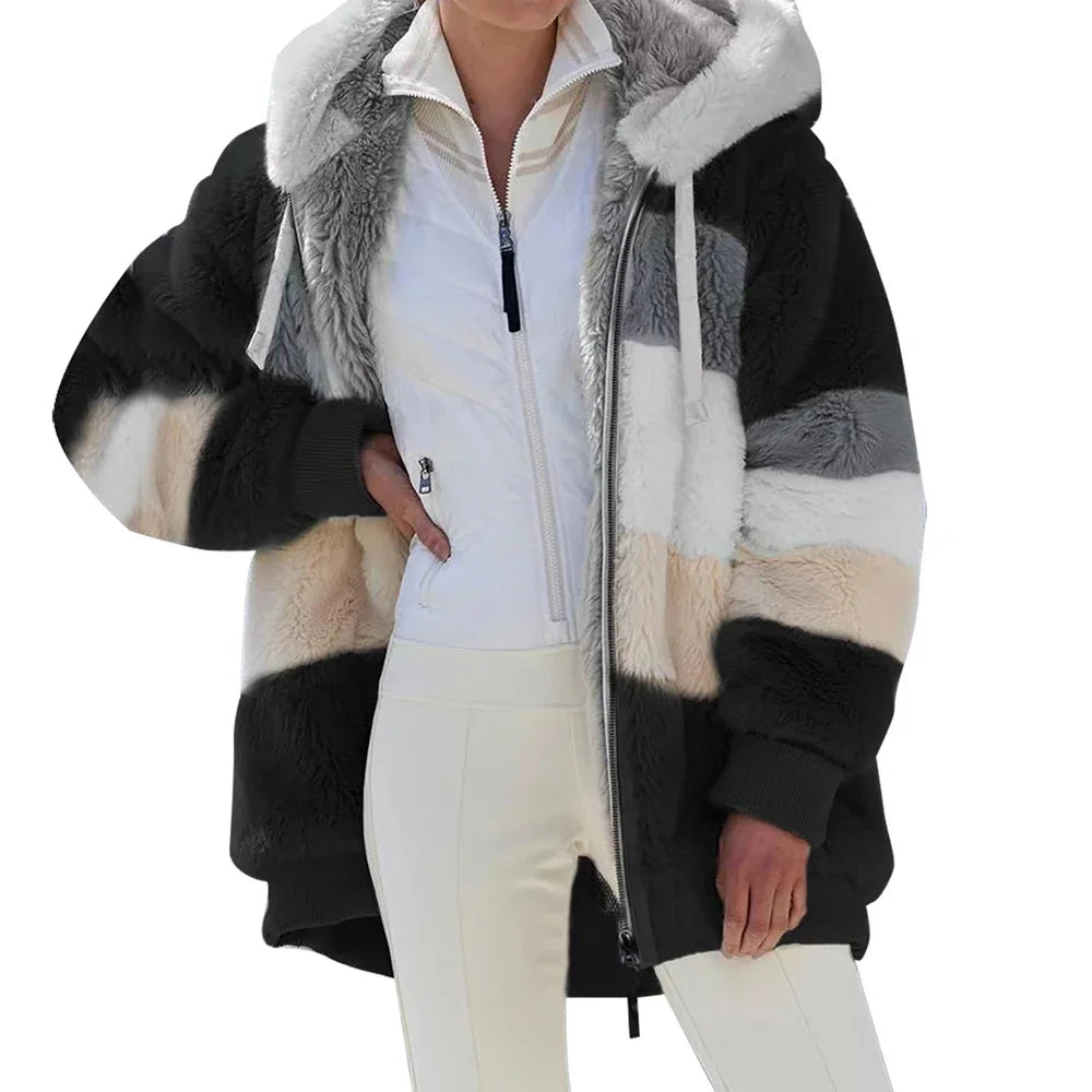 Women's Oversized Fluffy Hooded Jacket – Color Block Teddy Coat