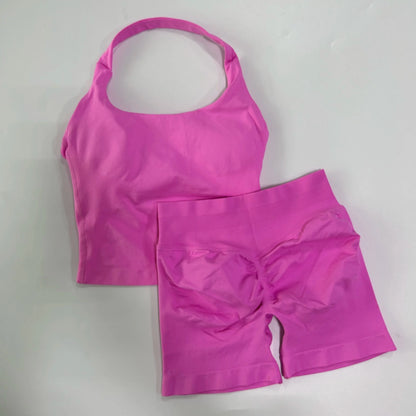 Women's 2-Piece Seamless Workout Set – Backless Tank Top & Scrunch Shorts