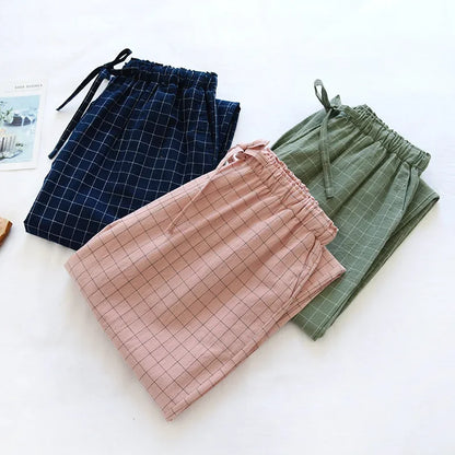Women's Plaid Cotton Pajama Pants – Elastic Waist Tie Lounge Trousers