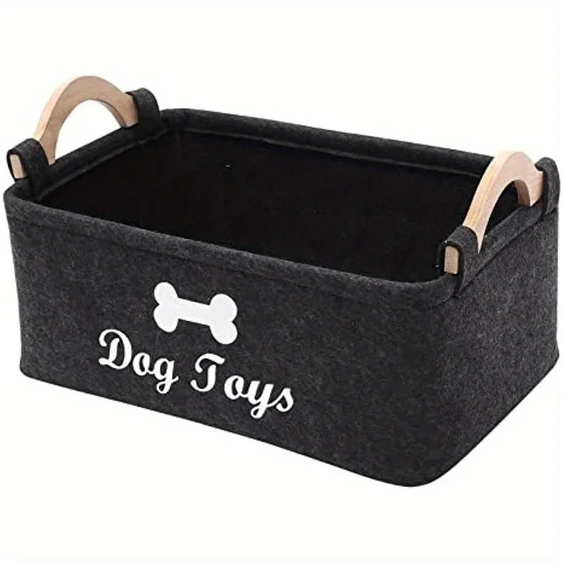 Dog Toy Storage Basket – Felt Pet Toy Box with Wooden Handles
