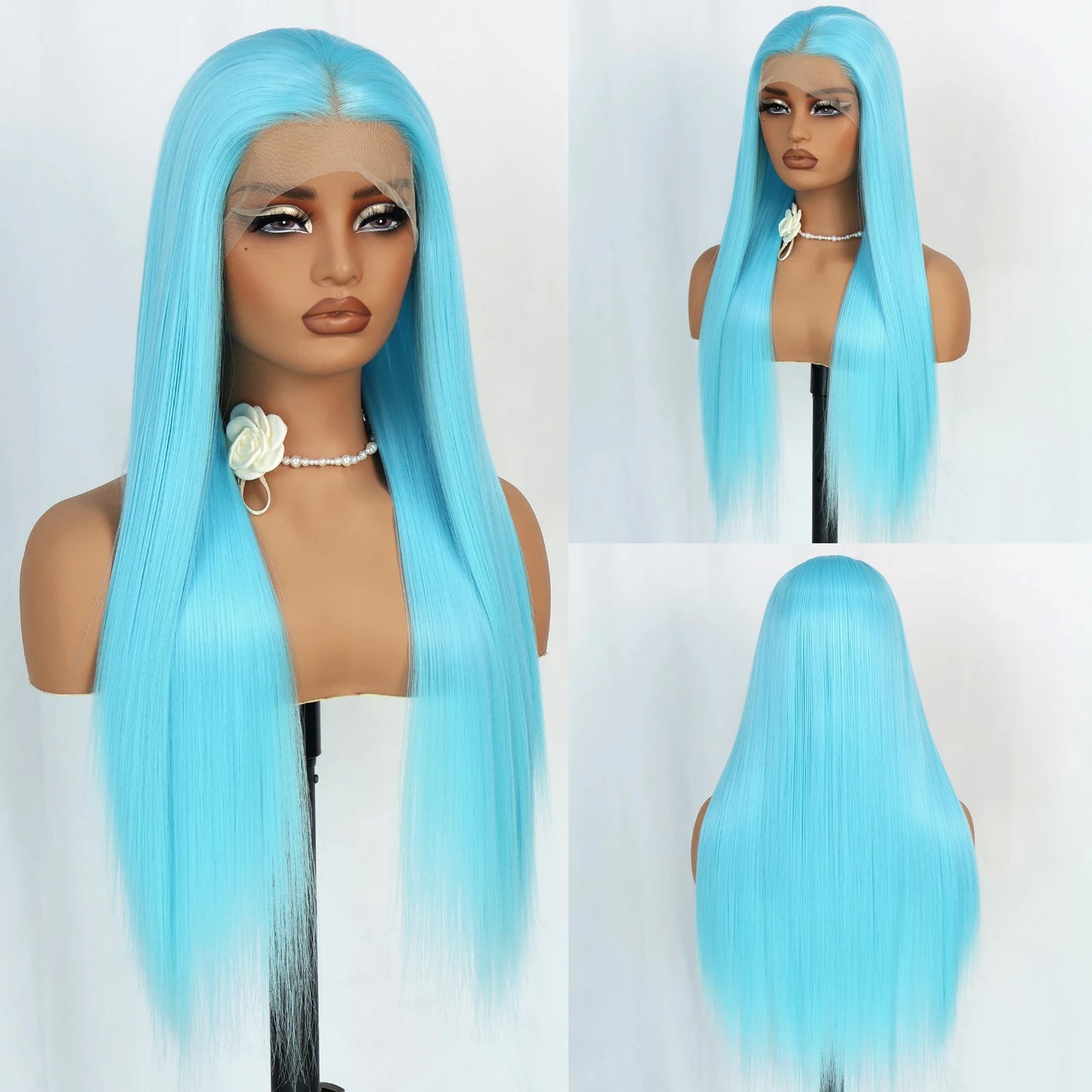 Blue Lace Front Synthetic Wig – Long Straight, 28 Inch, 180% Density