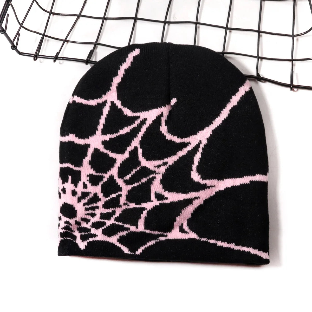 Spider Web Knit Beanie – Y2K Goth Skull Cap