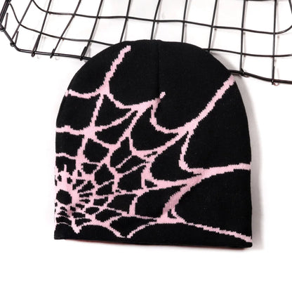 Spider Web Knit Beanie – Y2K Goth Skull Cap