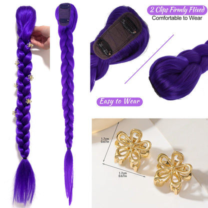 Purple 26inch Braid Clip Ponytail Hair Extension Long Hairpieces Cosplay Kids Girl Halloween