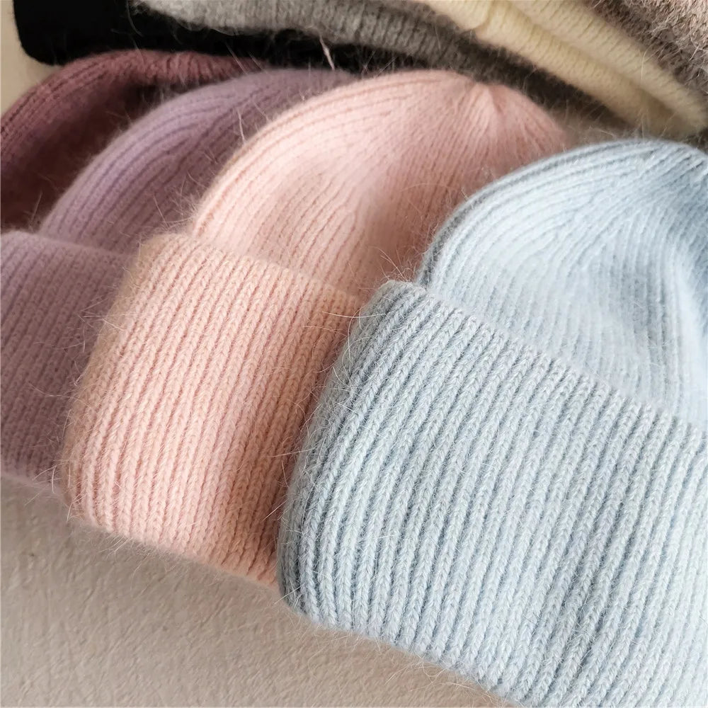 Women's Rabbit Fur Knit Beanie – Warm Solid Color Winter Hat