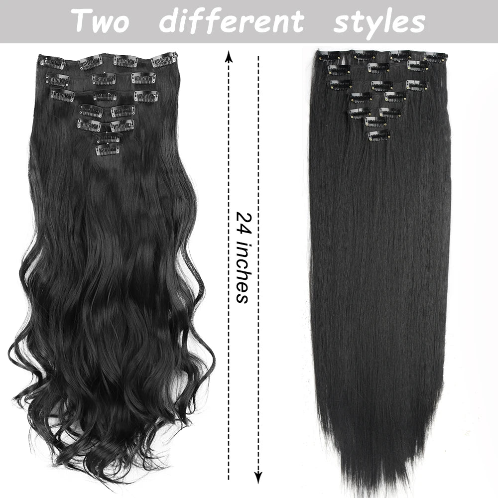 Clip-In Hair Extensions 7pcs 16 Clips Wavy Synthetic 24 Inch